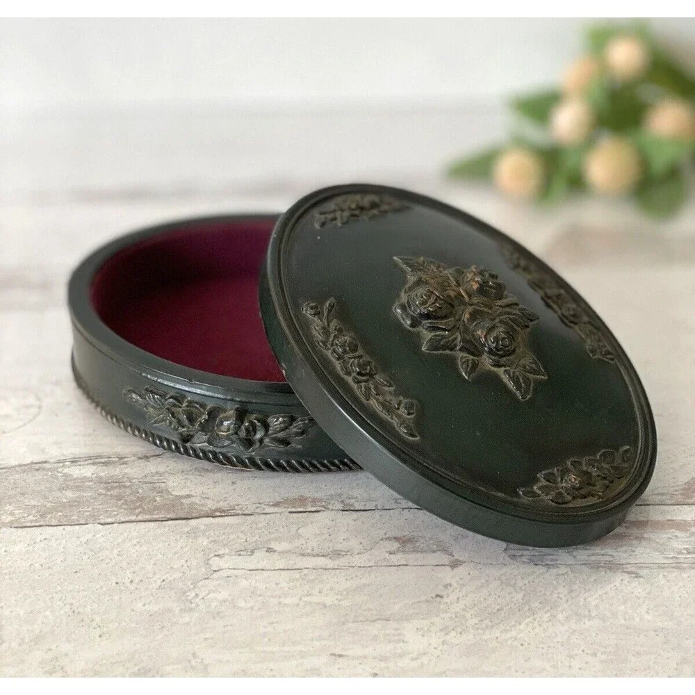 Vintage Victorian Revival Imitation Jet Carved Roses Jewelry Box Black Gothic